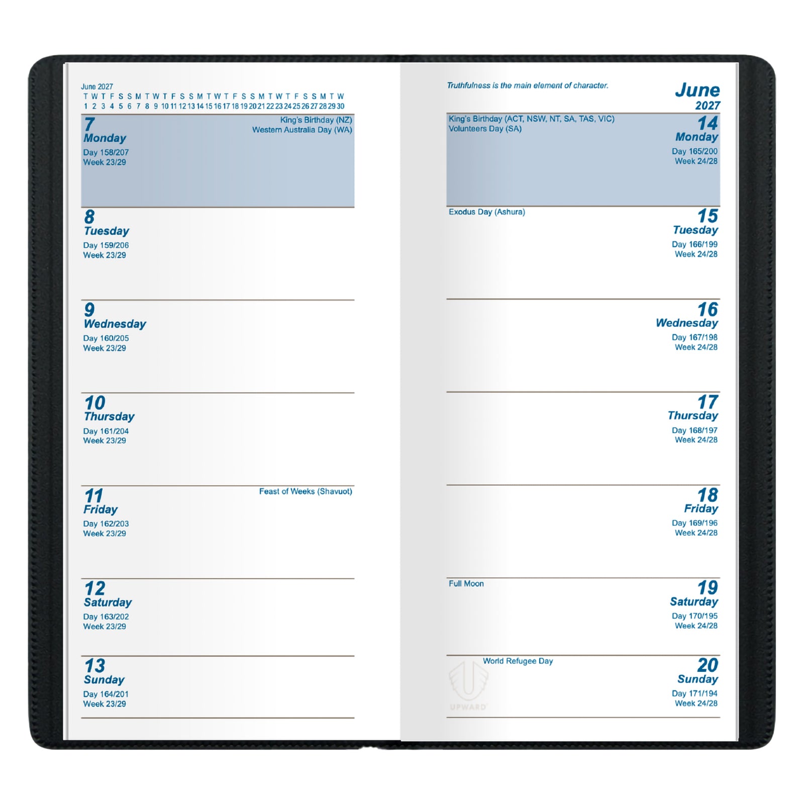Open internal pages reveal the practical two week to view layout with clearly marked dates and planning sections. The design allows users to review upcoming schedules, deadlines and appointments across a longer planning horizon while remaining easy to read.