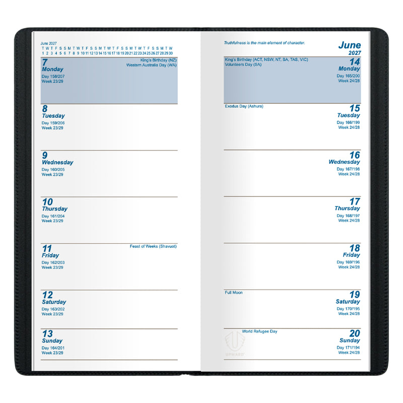 Open internal pages reveal the practical two week to view layout with clearly marked dates and planning sections. The design allows users to review upcoming schedules, deadlines and appointments across a longer planning horizon while remaining easy to read.