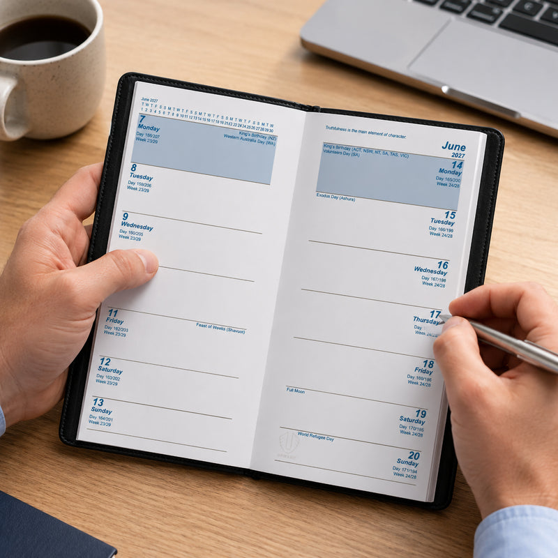 A user writes in the Upward Standard 2027 A6/7 Two Week To View Diary while seated at a desk with a laptop and coffee mug nearby. The open spread displays a clear two week planning layout, providing ample space for appointments, reminders and upcoming commitments in a compact portable format.