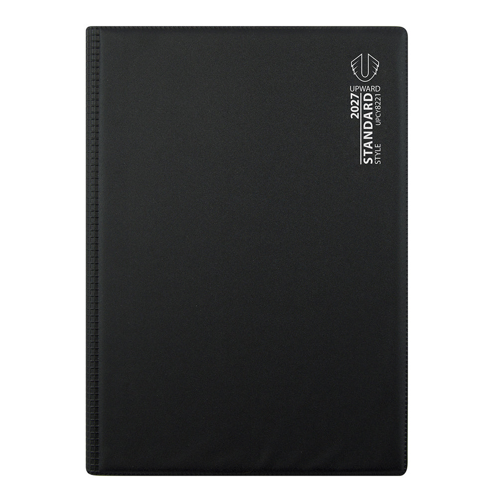 Studio product image showcasing the front cover of the Upward Standard 2027 B5 Day To Page Diary. The minimalist black finish, section sewn binding and professional styling make it ideal for workplace organisation, study planning and personal productivity.