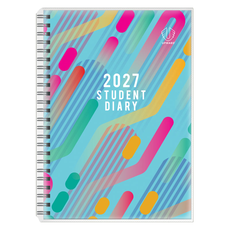 Front cover product image showing the bright Light Purple background with bold multicoloured geometric shapes and prominent 2027 Student Diary branding. The contemporary design appeals to students seeking a functional and visually engaging planner.