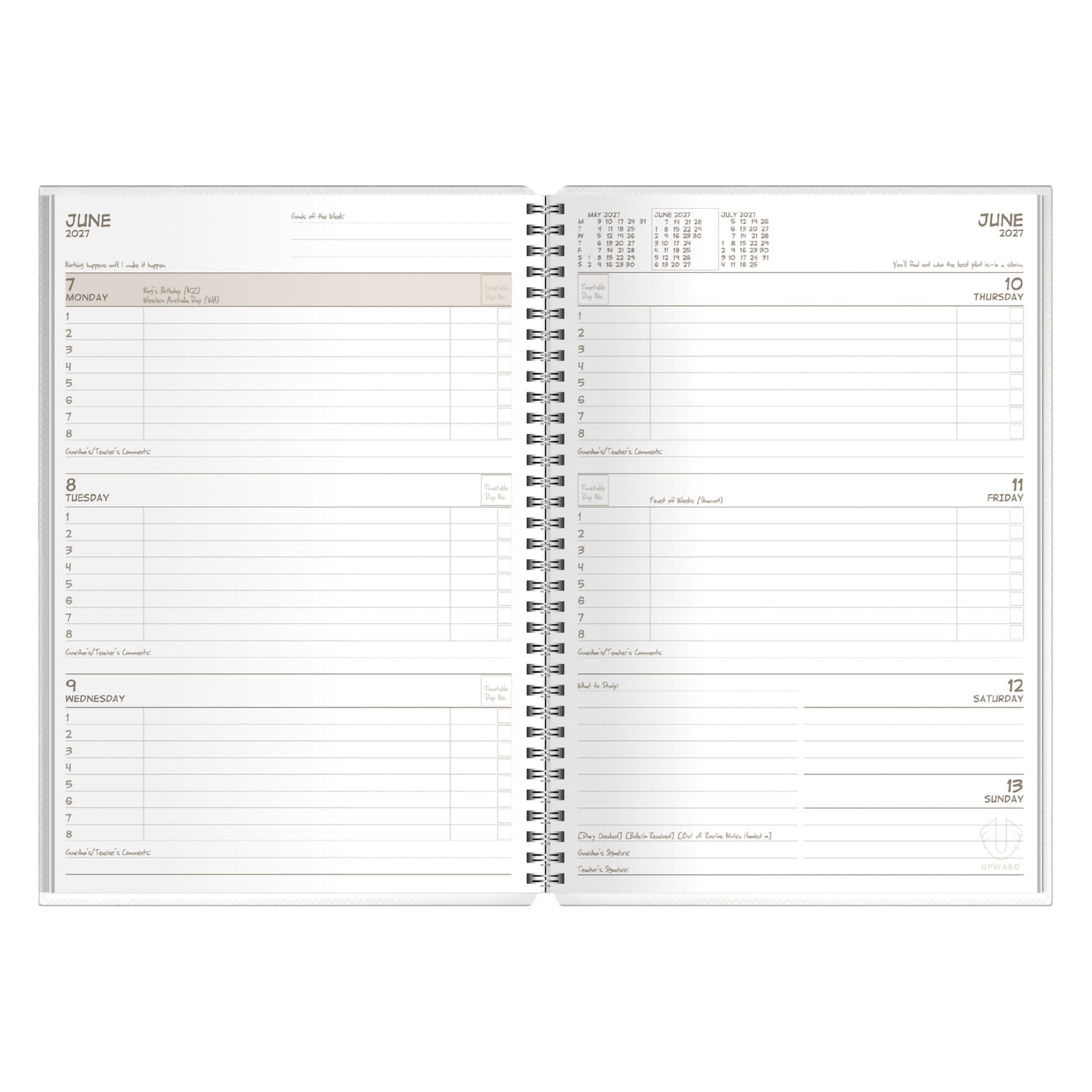 Full internal spread showing the structured weekly layout with clearly defined daily sections, planning areas and room for notes. The organised format supports student productivity, time management and academic planning throughout the school year.