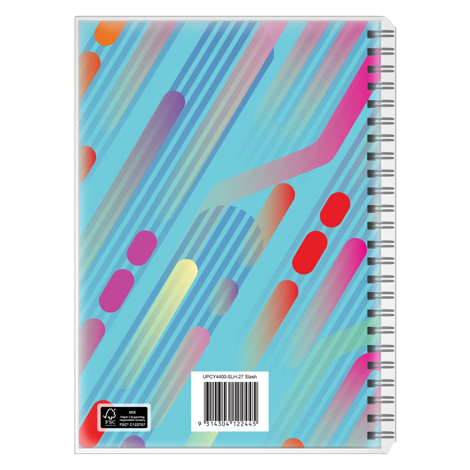 Rear cover view featuring the colourful abstract pattern continued across the back cover. The sturdy Wire O binding and protective PVC cover demonstrate durability for daily transport between school, home and study environments.