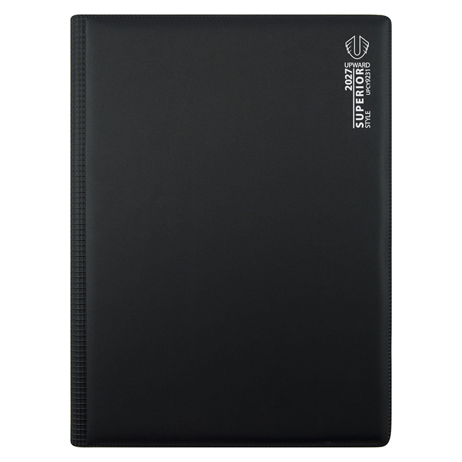 Clean studio image featuring the front cover of the Upward Superior 2027 A4 Day To Page Diary. The black PVC finish, structured design and premium presentation emphasise its role as a professional planning and productivity tool.