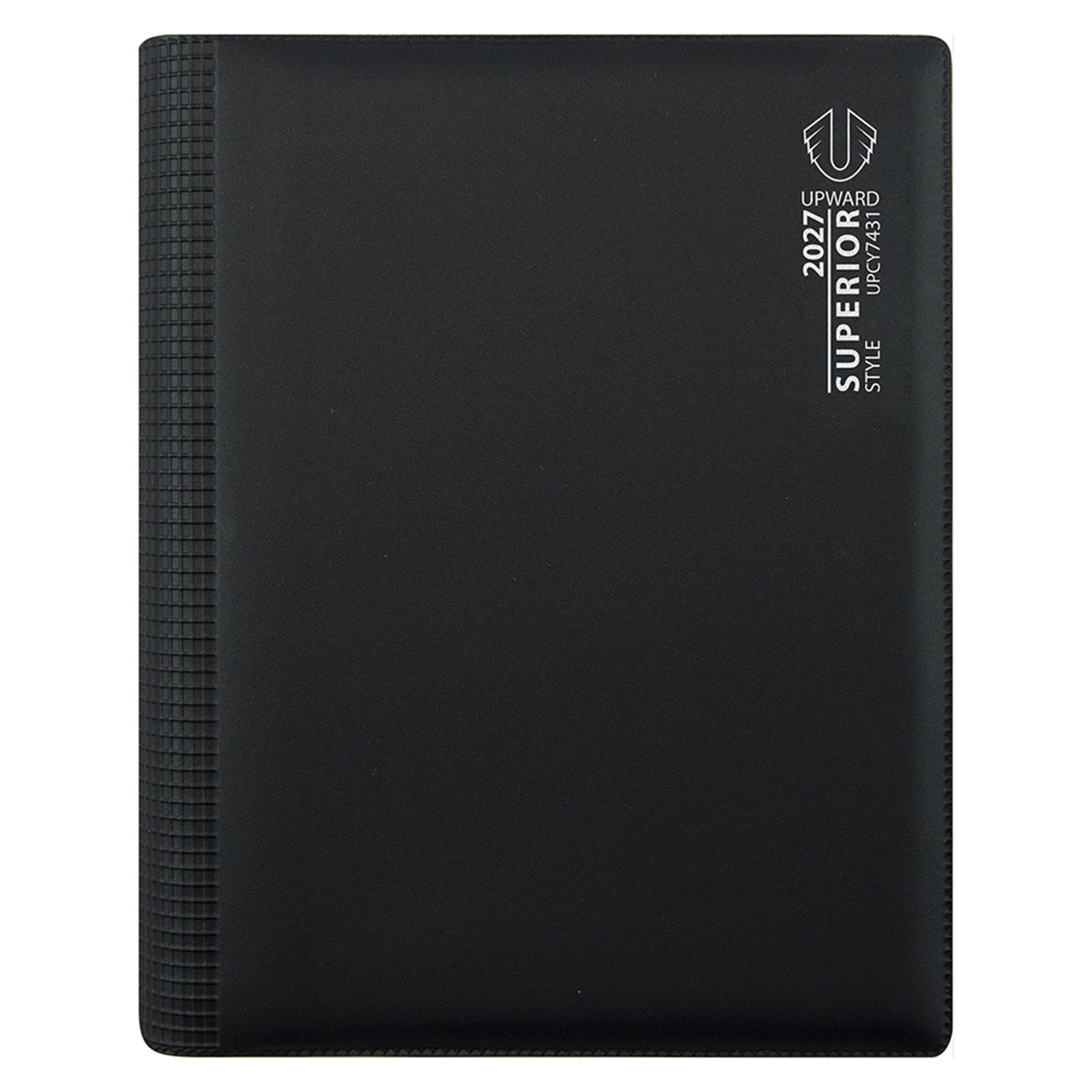 Studio product image showing the front cover in detail, highlighting the durable PVC construction, textured spine and professional black design. The diary presents a practical and organised solution for year round planning and schedule management.