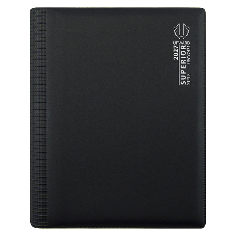 Studio product image showing the front cover in detail, highlighting the durable PVC construction, textured spine and professional black design. The diary presents a practical and organised solution for year round planning and schedule management.