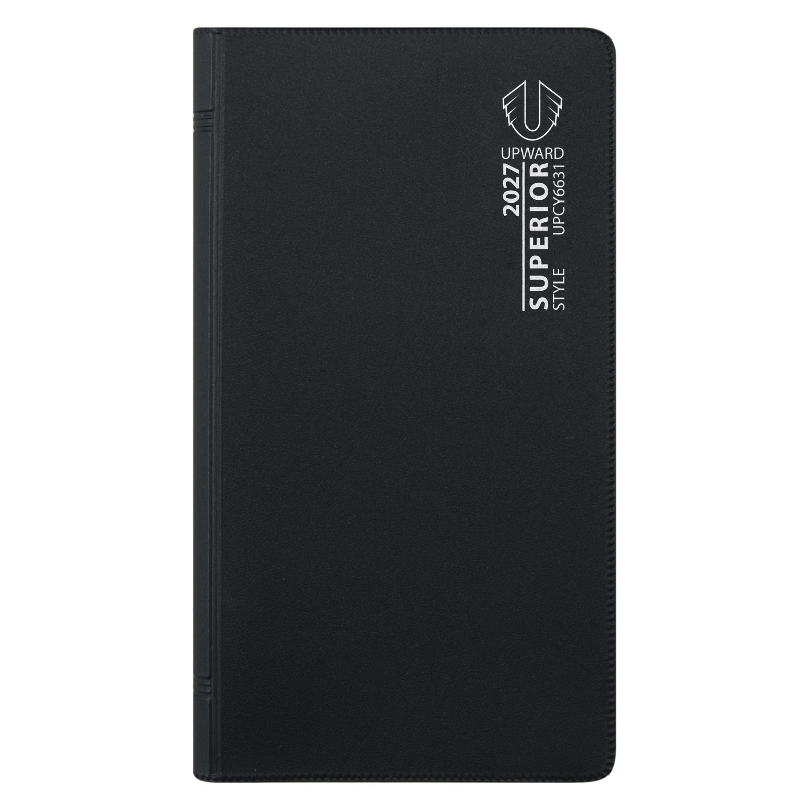 Studio product image showing the front cover branding and slim profile of the diary. The compact format is ideal for professionals, students and anyone seeking a convenient planning solution throughout 2027.