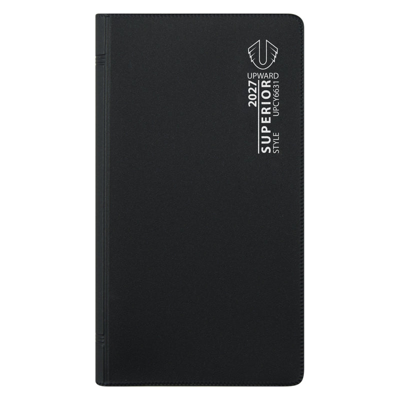 Studio product image showing the front cover branding and slim profile of the diary. The compact format is ideal for professionals, students and anyone seeking a convenient planning solution throughout 2027.