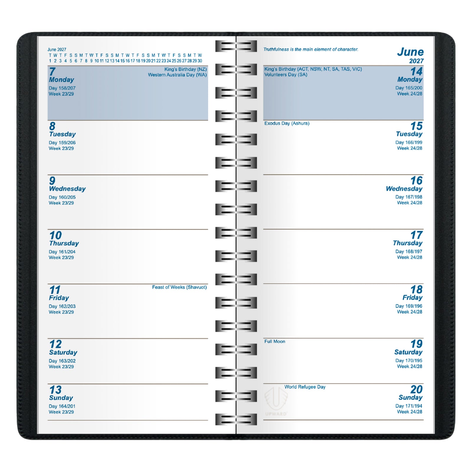 Detailed internal view of the two week planning format featuring clearly defined daily sections, calendar references and public holiday information. The layout supports forward planning and efficient schedule management.