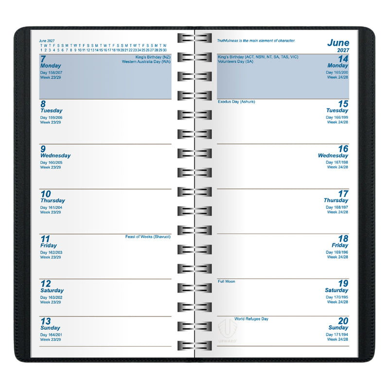 Detailed internal view of the two week planning format featuring clearly defined daily sections, calendar references and public holiday information. The layout supports forward planning and efficient schedule management.