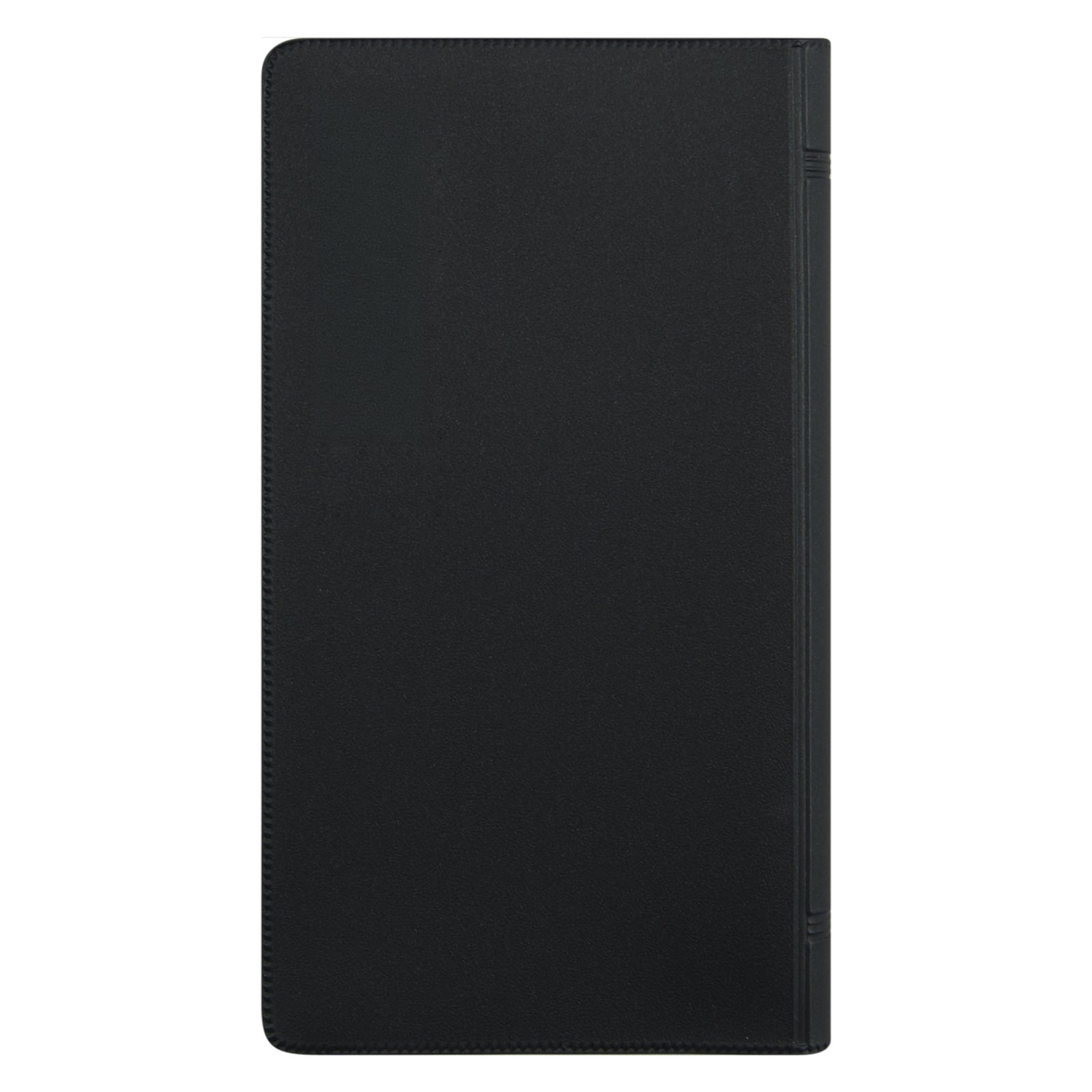 Rear cover image displaying the sturdy black PVC exterior and streamlined construction. The durable design helps protect pages from wear during regular travel and daily handling.