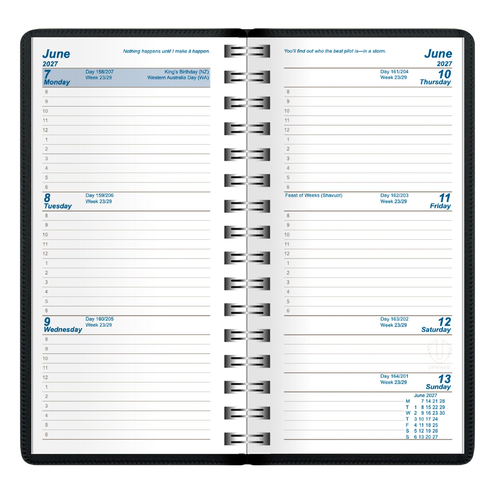 Detailed view of the internal week to view layout featuring dedicated daily sections, public holiday references and structured planning space. The clear format supports efficient weekly organisation and appointment management.