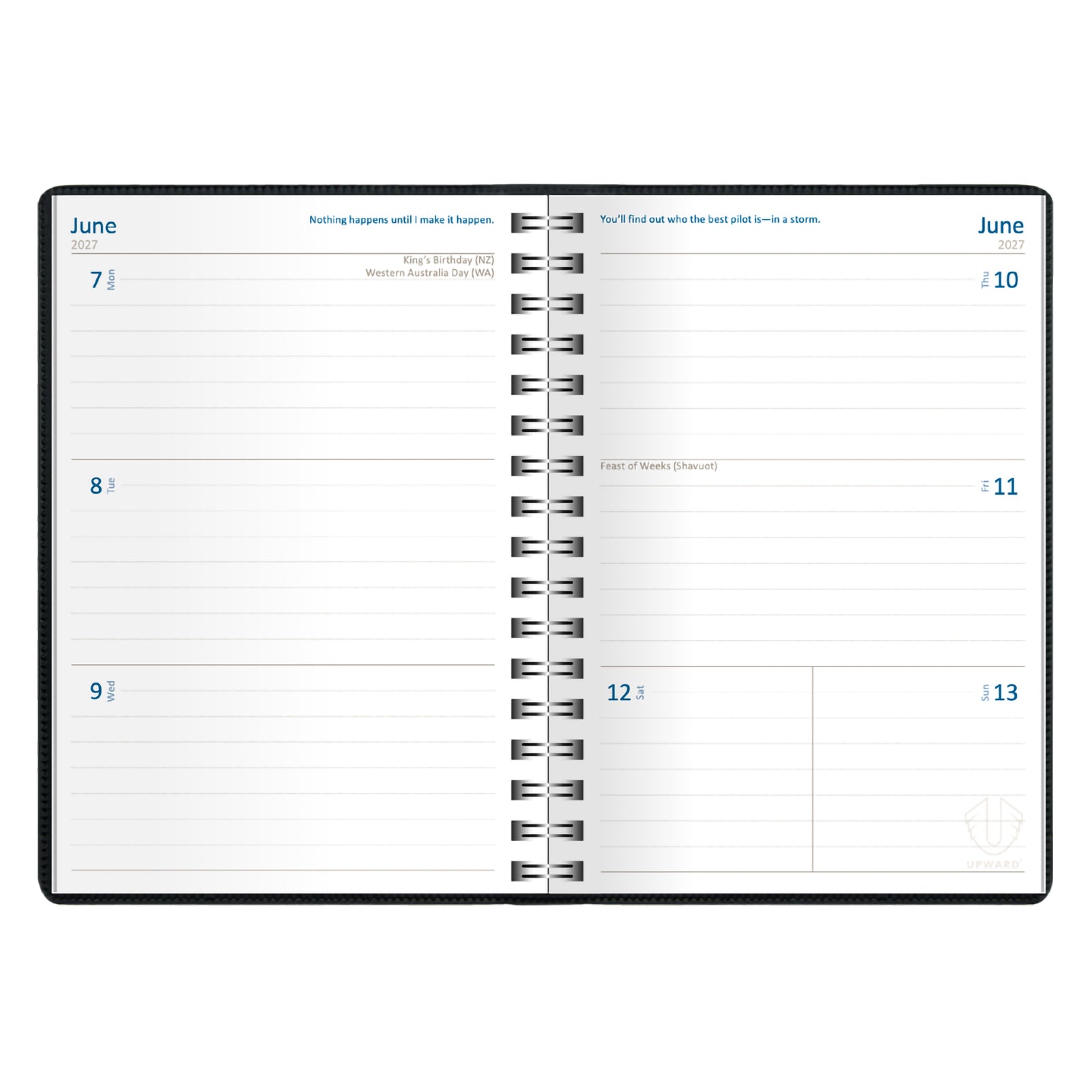 Internal double page weekly layout featuring the full week across one opening. The organised format provides space for tracking appointments, deadlines, tasks and important dates while remaining easy to read and navigate.