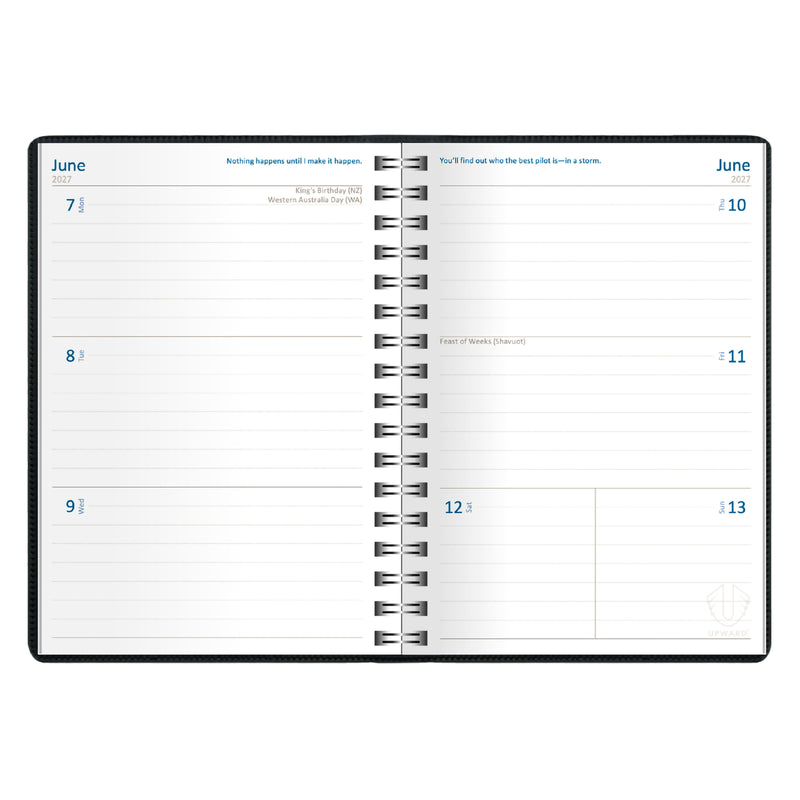Internal double page weekly layout featuring the full week across one opening. The organised format provides space for tracking appointments, deadlines, tasks and important dates while remaining easy to read and navigate.