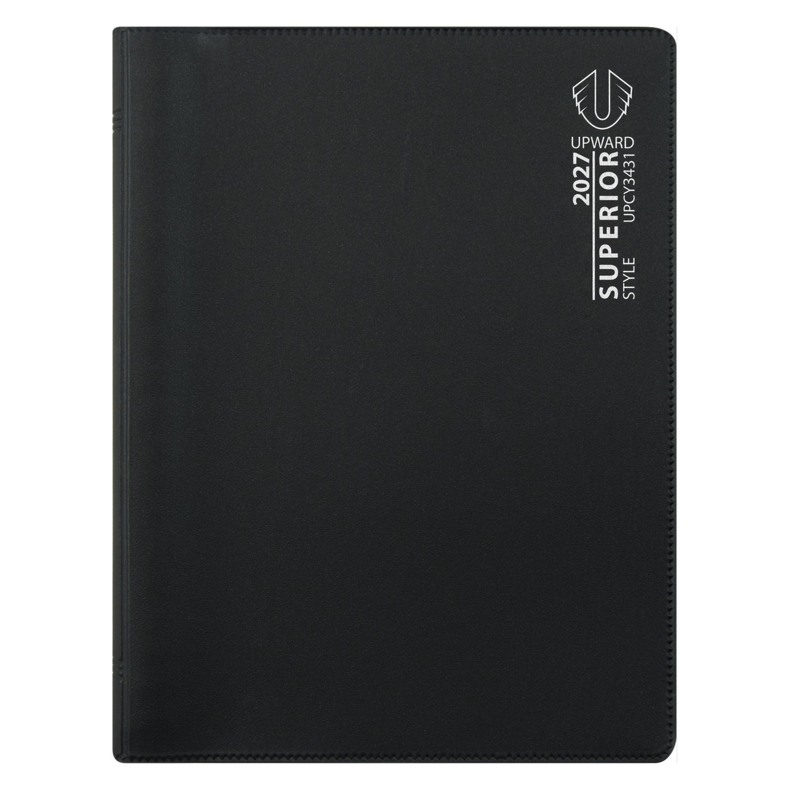 Studio product image of the Upward Superior 2027 B6 diary highlighting the black cover, embossed branding and compact profile. Designed for practical organisation, portability and dependable daily planning throughout the year.