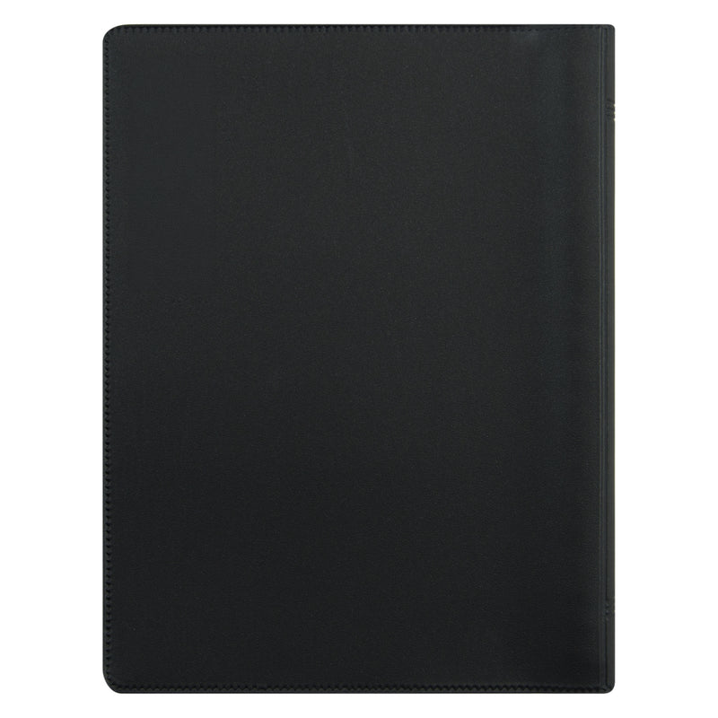 Rear cover image displaying the black PVC finish and durable exterior construction. The clean design offers protection from daily handling while maintaining a refined and professional presentation.