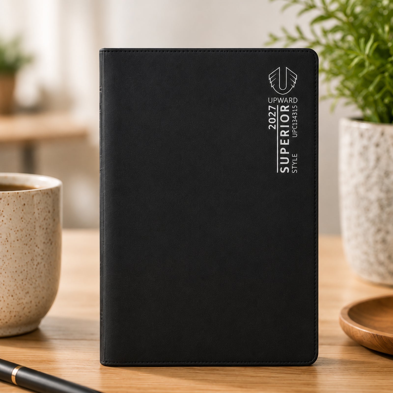 Front standing view of the Upward Superior 2027 B6 Week To View Diary in black. Positioned on a desktop with coffee and greenery, the diary showcases its professional appearance, durable construction and suitability for workplace, study and personal planning.