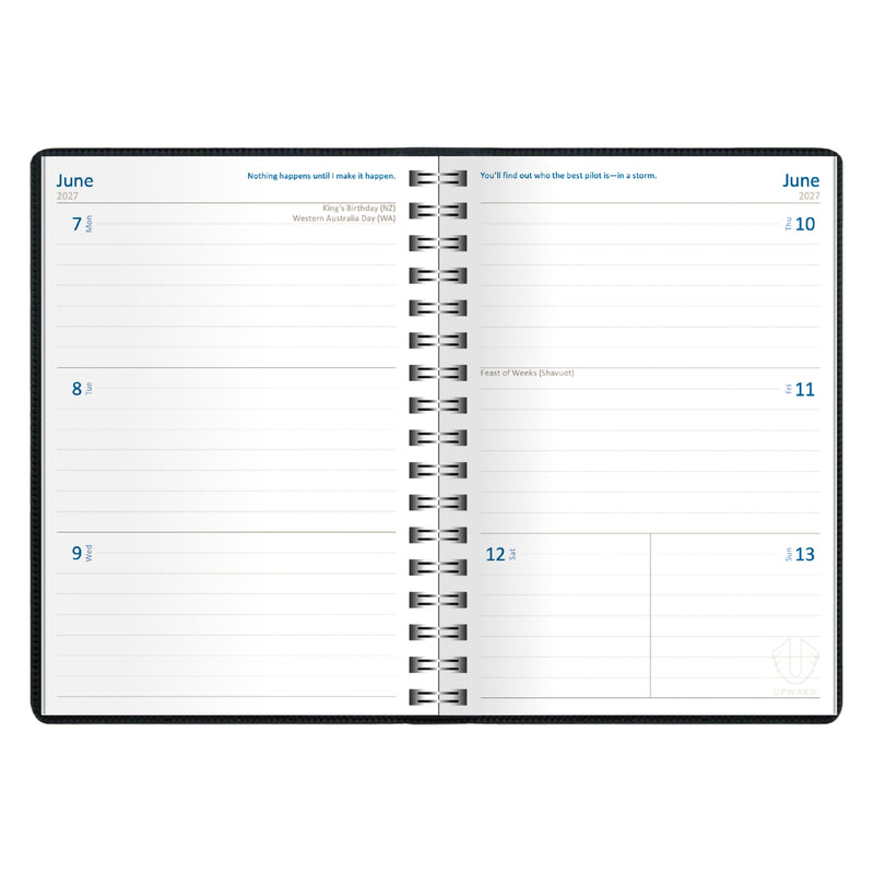 Internal spread of the Upward Superior 2027 diary showing the week to view format. The clear layout presents multiple days across an opening, allowing users to organise appointments, meetings and personal schedules with ease.