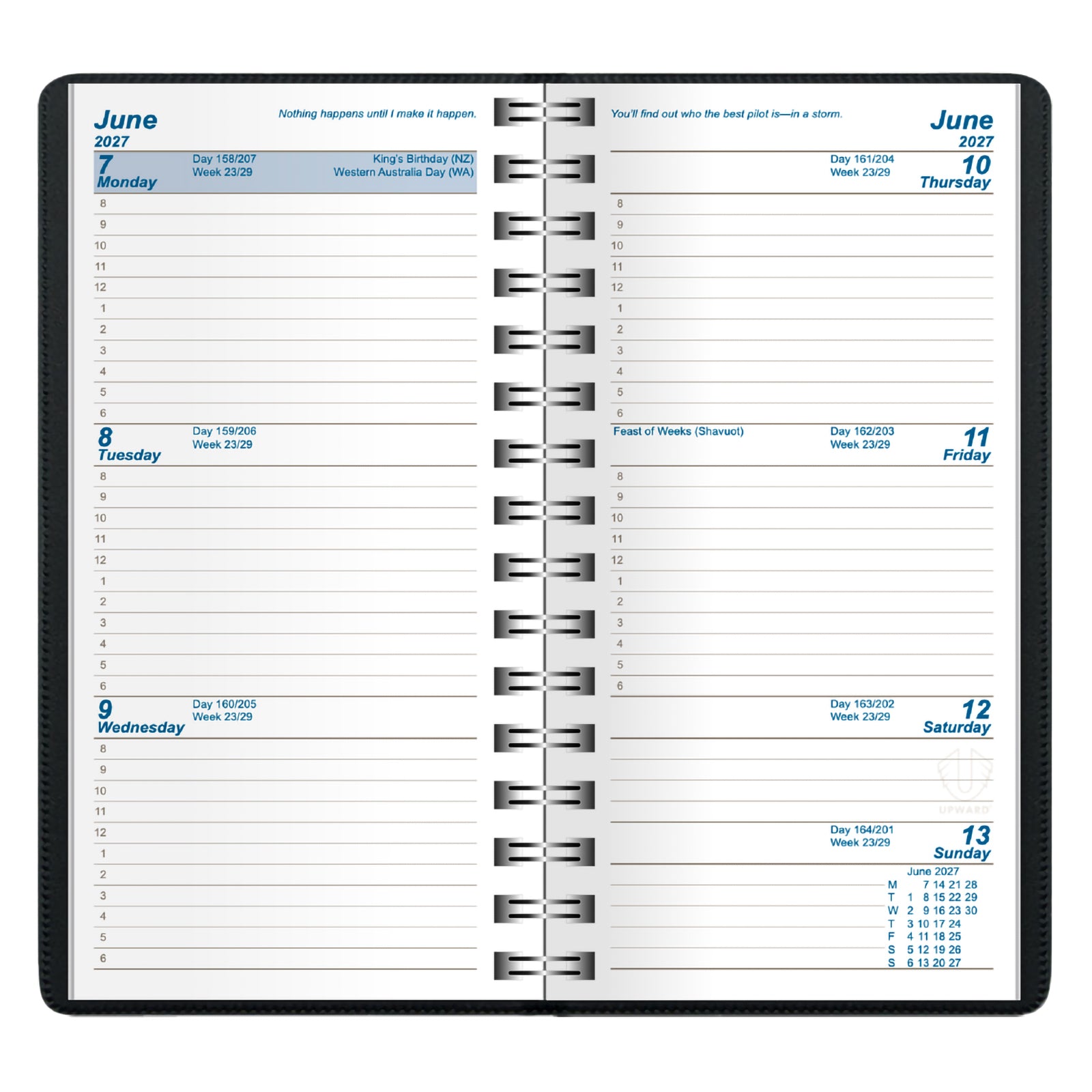 Internal week to view diary layout showing an entire week spread across two pages. The clear format provides space for appointments, reminders and daily notes, helping users maintain an organised overview of weekly commitments and important dates.