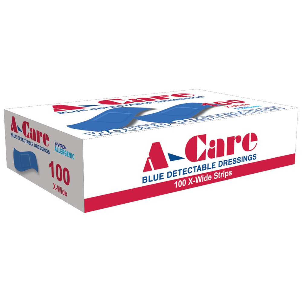 A-CARE Detectable Standard Strips 7.5x2.5cm Box/100 showing box of 100 blue visually-detectable adhesive wound strips for food industry use