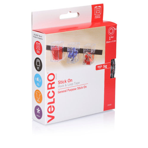 Velcro Brand Stick On Hook and Loop Tape 25mm x 2.5m Black Roll
