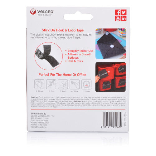 Velcro Brand Stick On Hook and Loop Tape 25mm x 2.5m Black Roll