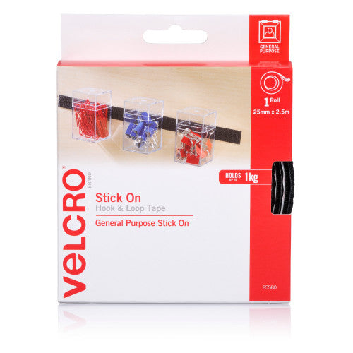 Velcro Brand Stick On Hook and Loop Tape 25mm x 2.5m Black Roll