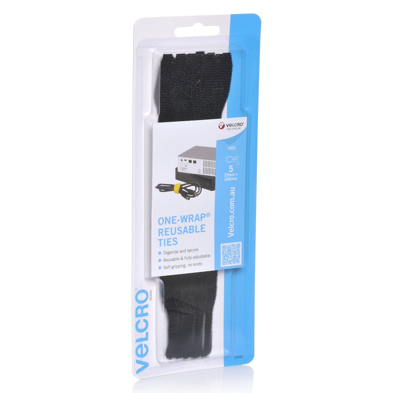 VELCRO Brand ONE WRAP Reusable Cable Ties 25 x 200mm Black Pack of 5 - image 1