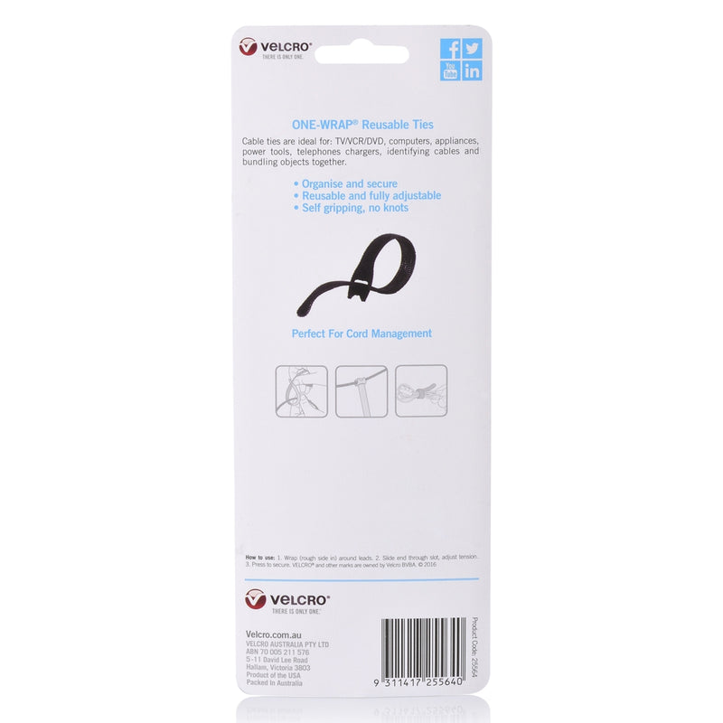 VELCRO Brand ONE WRAP Reusable Cable Ties 25 x 200mm Black Pack of 5 - image 3