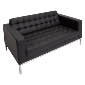 Rapidline Venus two seater lounge in black PU with button stitched seat and back on a stainless steel frame, front three quarter view