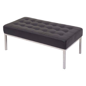 Rapidline Venus Ottoman in black PU with button stitched top on a stainless steel underframe, shown from a front angle.