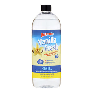 Front of a McLintocks Vanilla Fresh 1 litre refill bottle with a black screw cap, blue and yellow label and the words Refill and Fridge and Kitchen Wipe