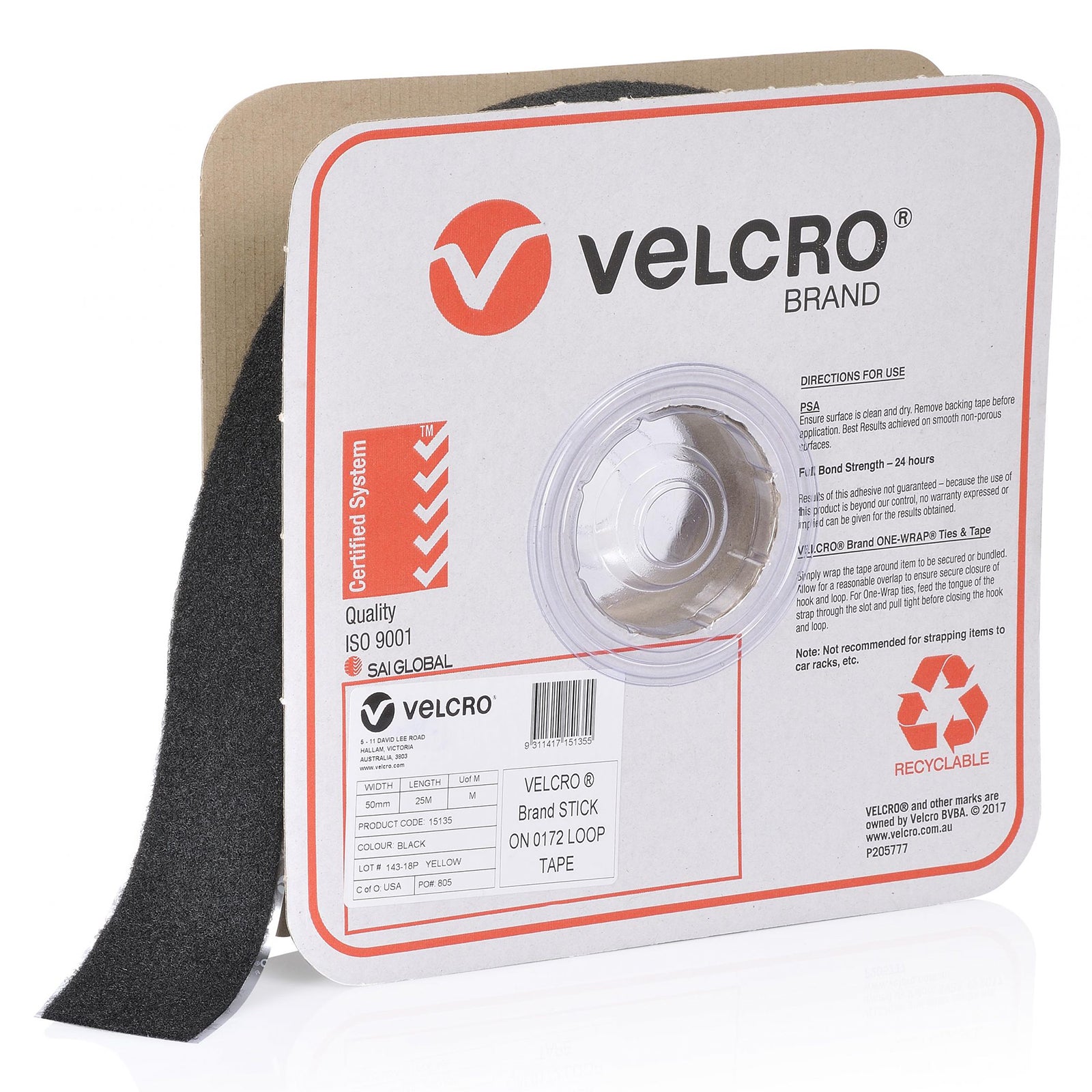 VELCRO Brand 0172 Loop Only Tape 50mm x 25m black industrial fastening roll with acrylic adhesive backing displayed on branded spool packaging for commercial and manufacturing applications.