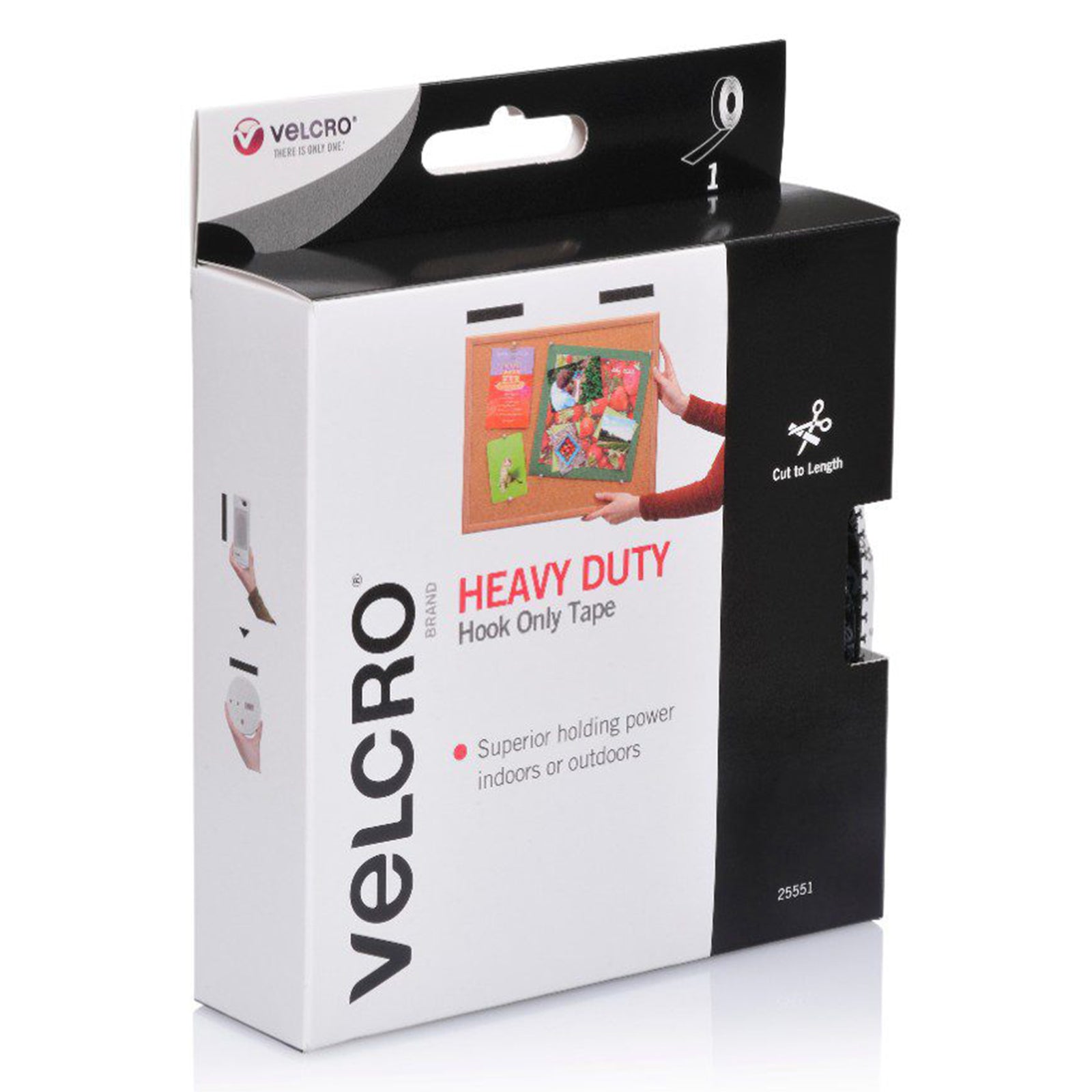 Angled retail packaging image of heavy duty Velcro hook tape showing industrial strength fastening designed for smooth surfaces and secure indoor mounting applications.