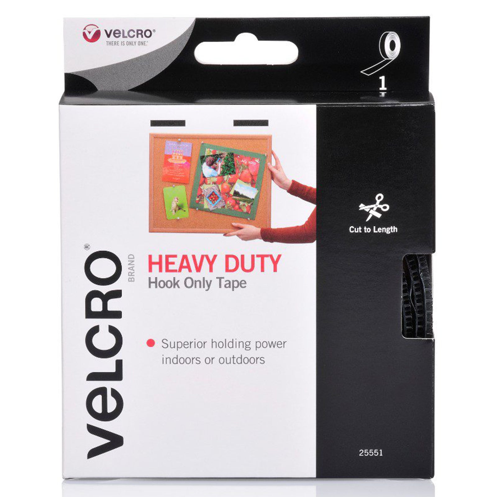 Front packaging view of Velcro Brand Heavy Duty Hook Only Tape 25mm x 3m Black highlighting strong holding power and cut to length convenience for mounting and storage projects.