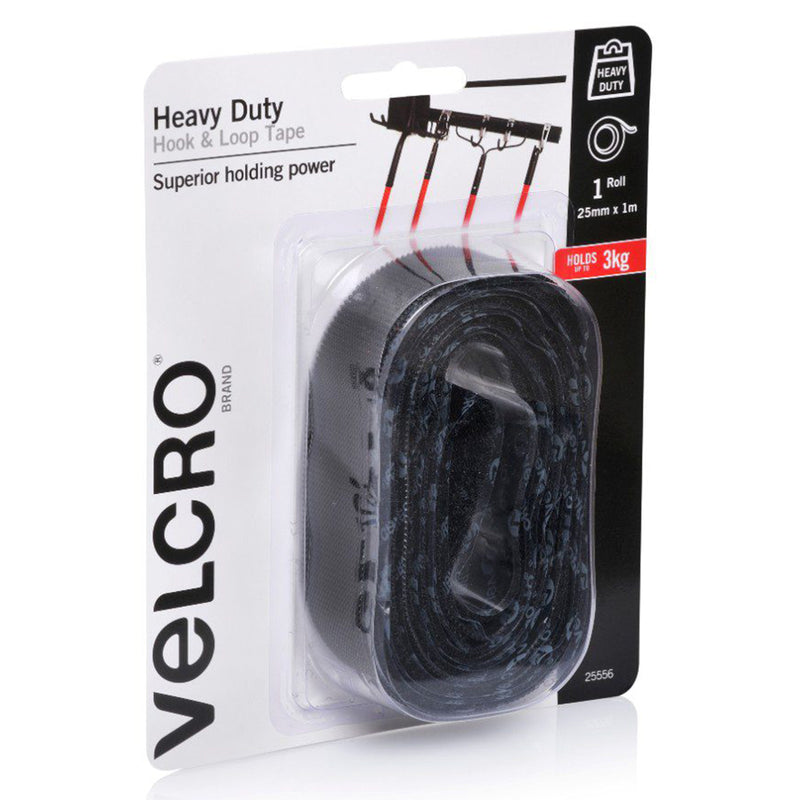 Angled packaging view of the black heavy duty Velcro tape roll showing tape thickness, retail presentation and strong fastening design. The image emphasises industrial style organisation and mounting applications.