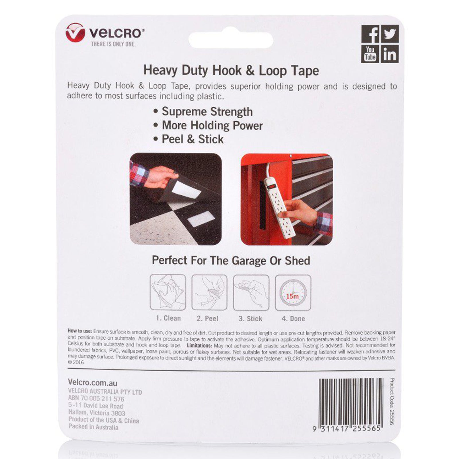 Rear packaging of Velcro Brand Heavy Duty Hook and Loop Tape showing product instructions, holding strength details and application guidance. The packaging highlights peel and stick installation with heavy duty performance for garages and sheds.
