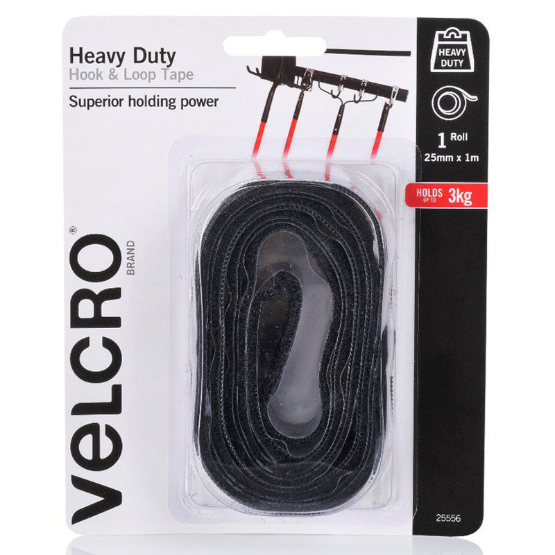 Front packaging of Velcro Brand Heavy Duty Hook and Loop Tape 25mm x 1m Black displaying the rolled tape inside clear blister packaging. The design highlights superior holding power and support for heavy duty storage and organisation tasks.