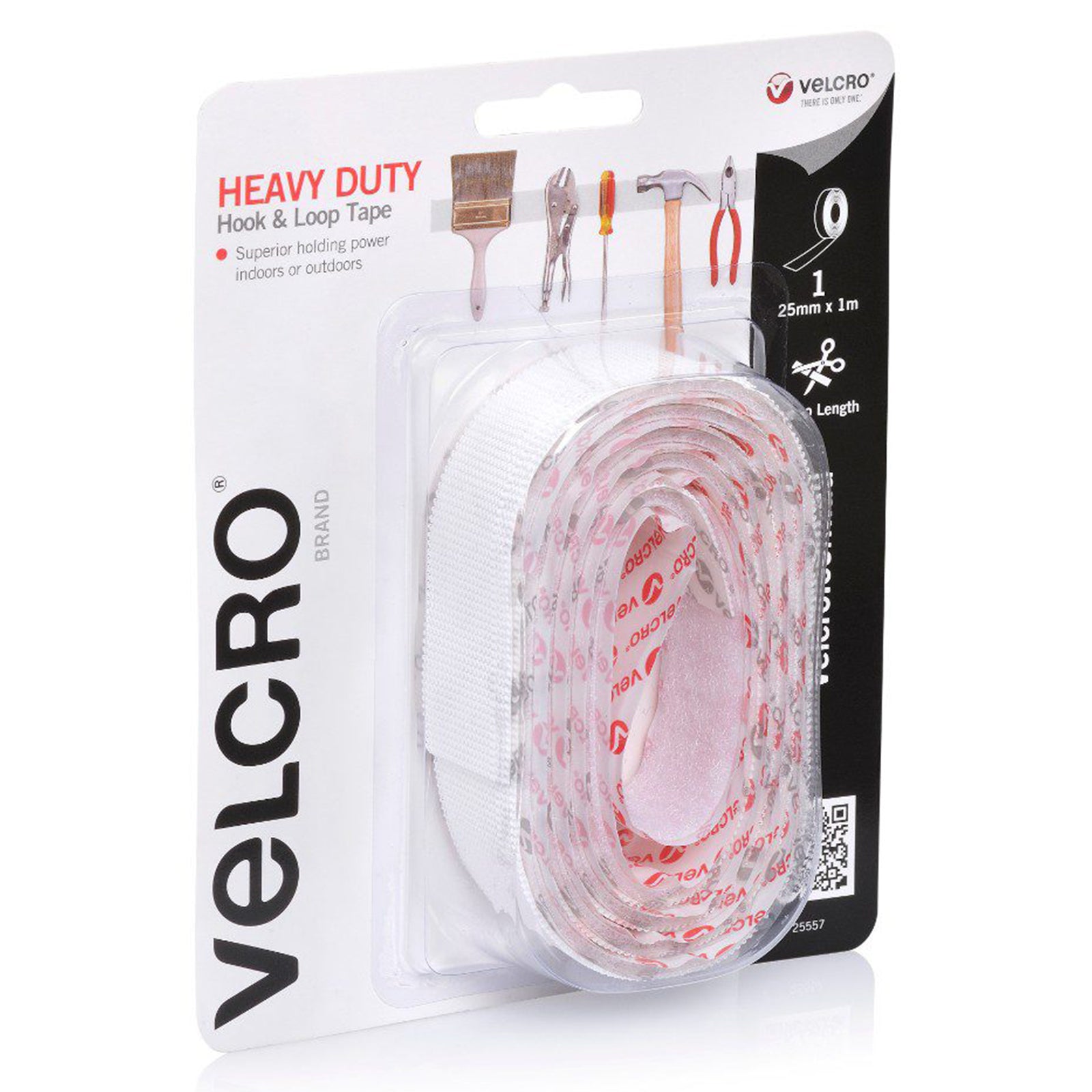 Angled product packaging view showing the white hook and loop tape roll and adhesive backing through clear packaging. The image helps customers see the tape texture, roll size and retail presentation.