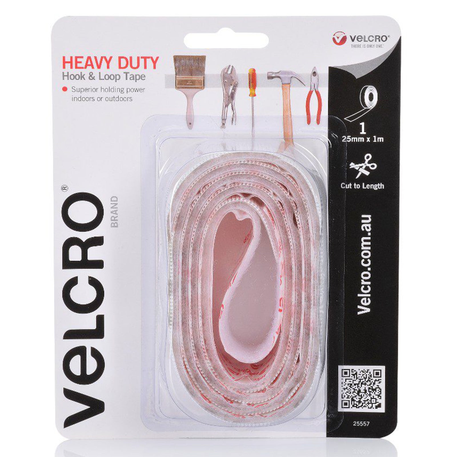 Front packaging of Velcro Brand Heavy Duty Hook and Loop Strip Tape in white, showing the 25mm x 1m roll inside clear blister packaging. The design highlights heavy duty holding power and cut to length convenience.