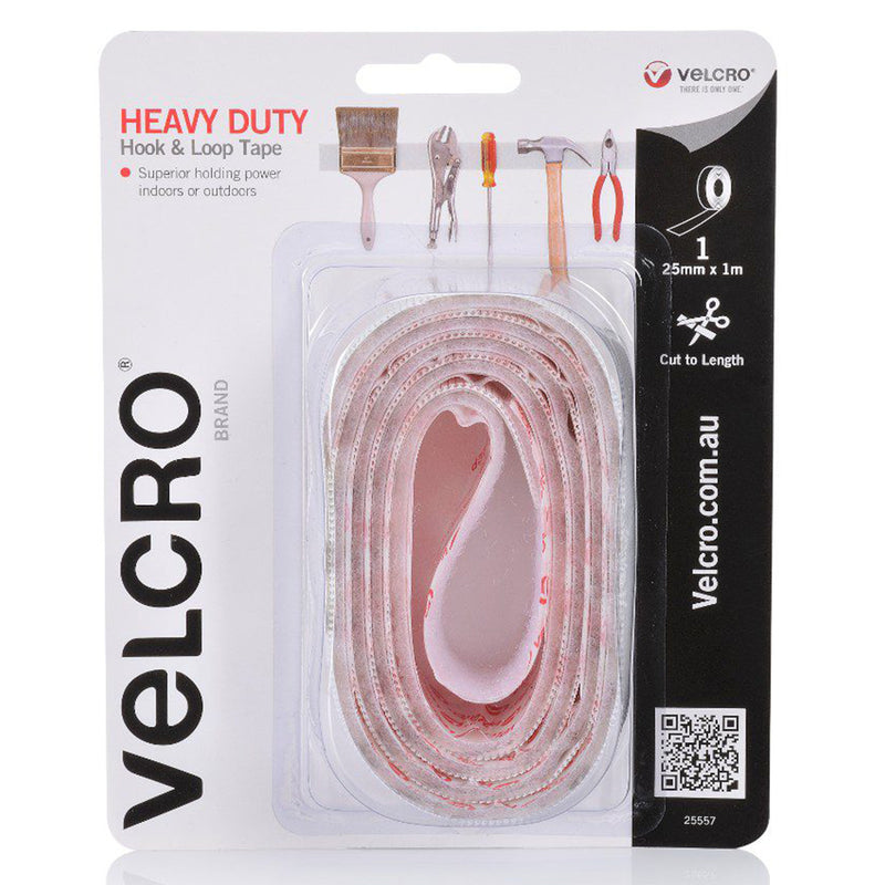 Front packaging of Velcro Brand Heavy Duty Hook and Loop Strip Tape in white, showing the 25mm x 1m roll inside clear blister packaging. The design highlights heavy duty holding power and cut to length convenience.