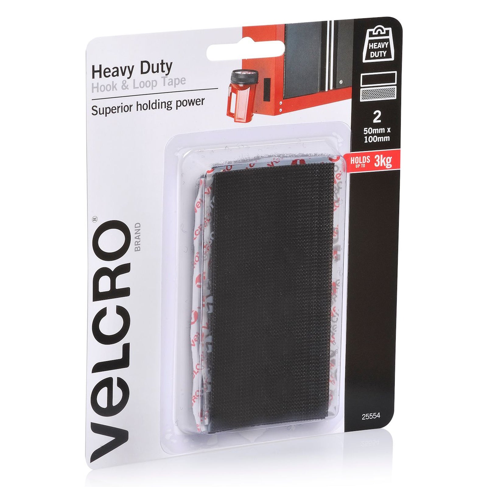 Angled retail packaging image displaying the VELCRO Brand Heavy Duty Hook and Loop Tape pack with visible black fastening strips and product details suitable for garage, office, and workshop organisation.