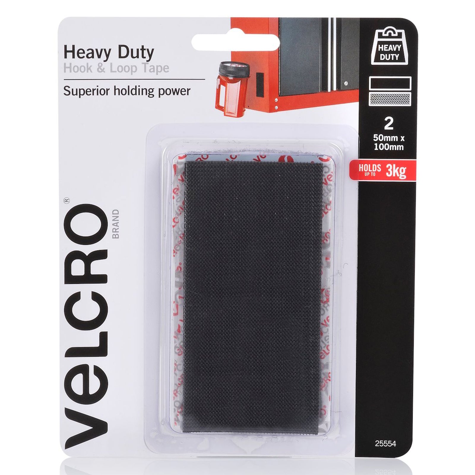 Front packaging photograph of the VELCRO Brand Heavy Duty Hook and Loop Tape 50mm x 100mm pack of 2 featuring heavy duty branding, black fastening strips, and holding power information.