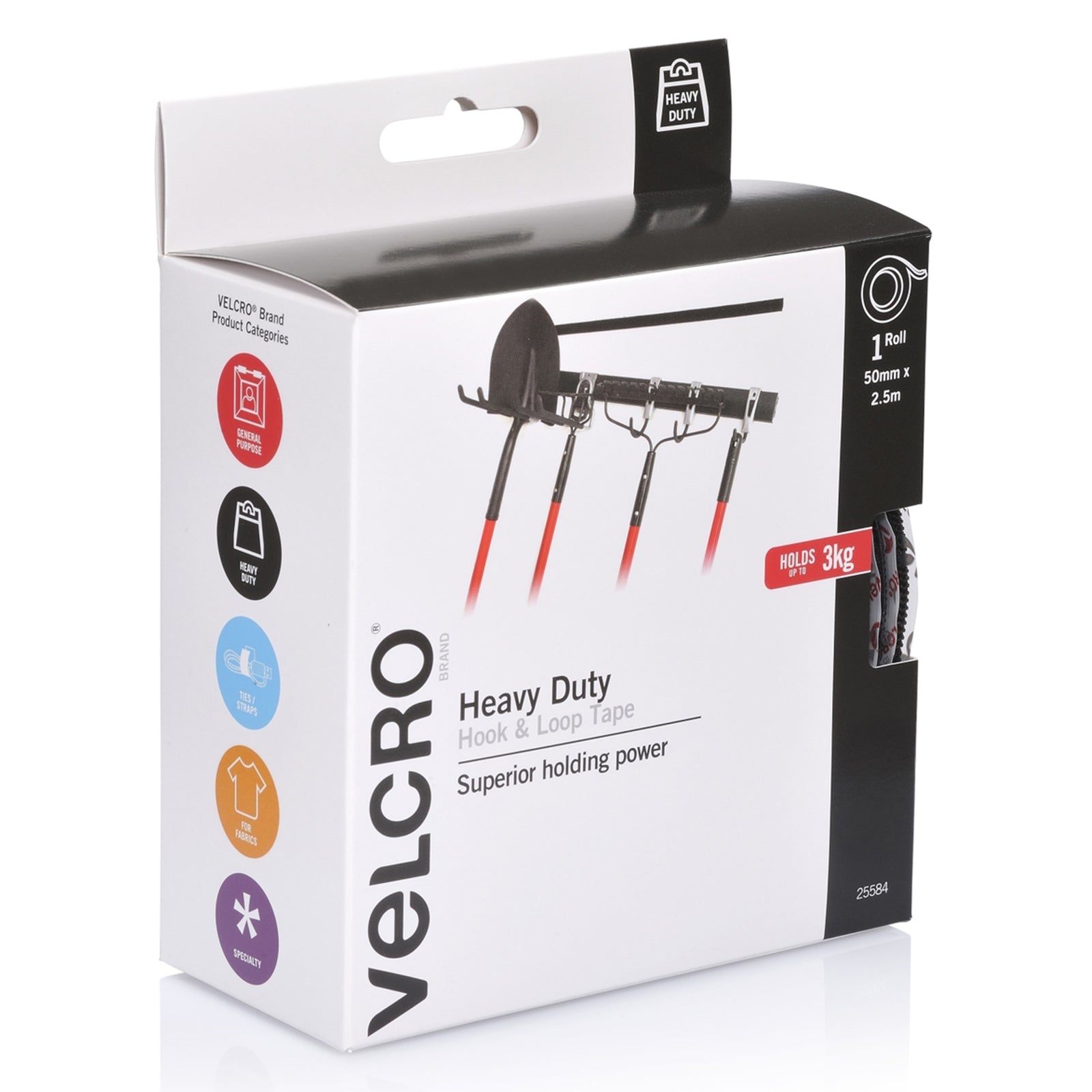 Angled retail packaging image highlighting the industrial strength fastening tape and durable organisation solutions for professional and home use.