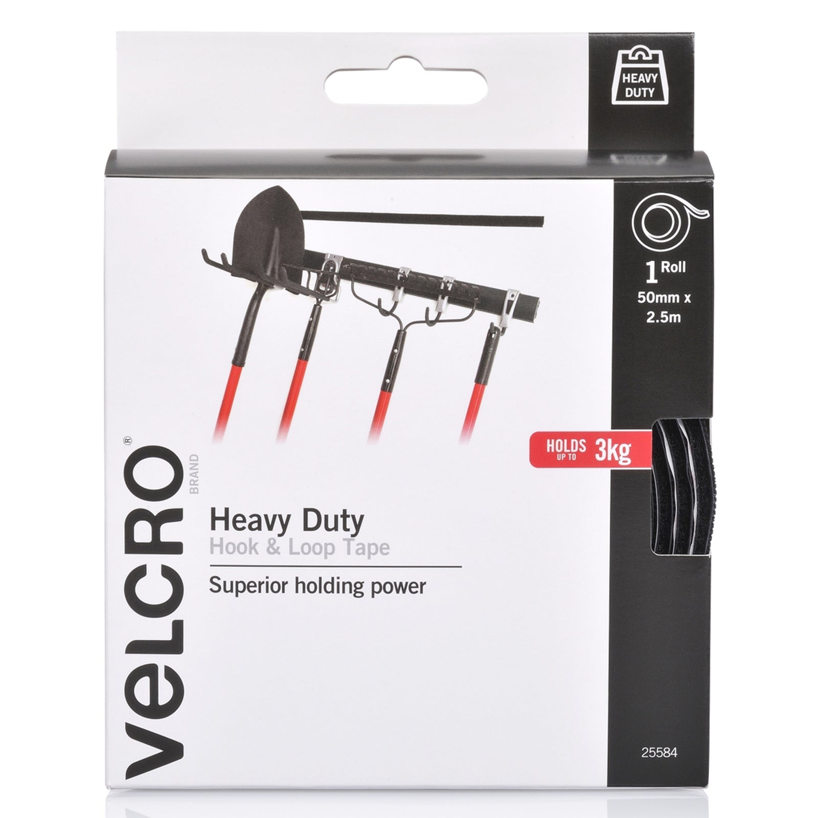 Front packaging view of Velcro Brand Heavy Duty Hook and Loop Tape 50mm x 2.5m Black featuring superior holding power and heavy duty storage applications.