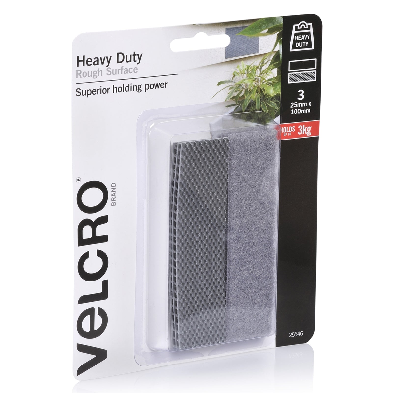 Angled retail packaging photograph highlighting industrial strength grey hook and loop fastening strips designed for rough surface indoor applications.