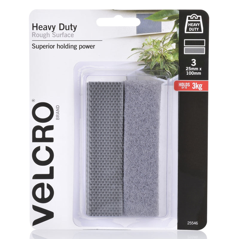 Front packaging image of VELCRO Brand Heavy Duty Rough Surface Stick Tape 25mm x 100mm grey strips with 3kg holding strength information.