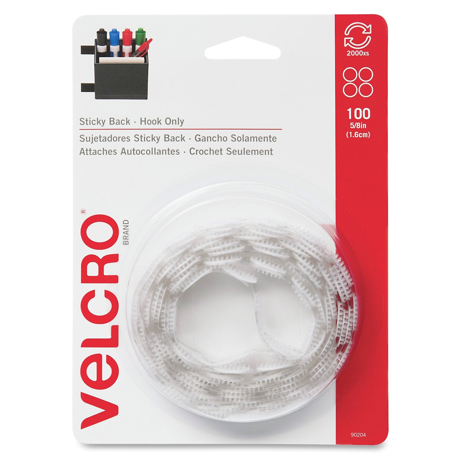 Front packaging image of VELCRO Brand Hook Only Dots featuring 100 white 16mm sticky back fastening dots designed for reusable indoor organisation and mounting applications.