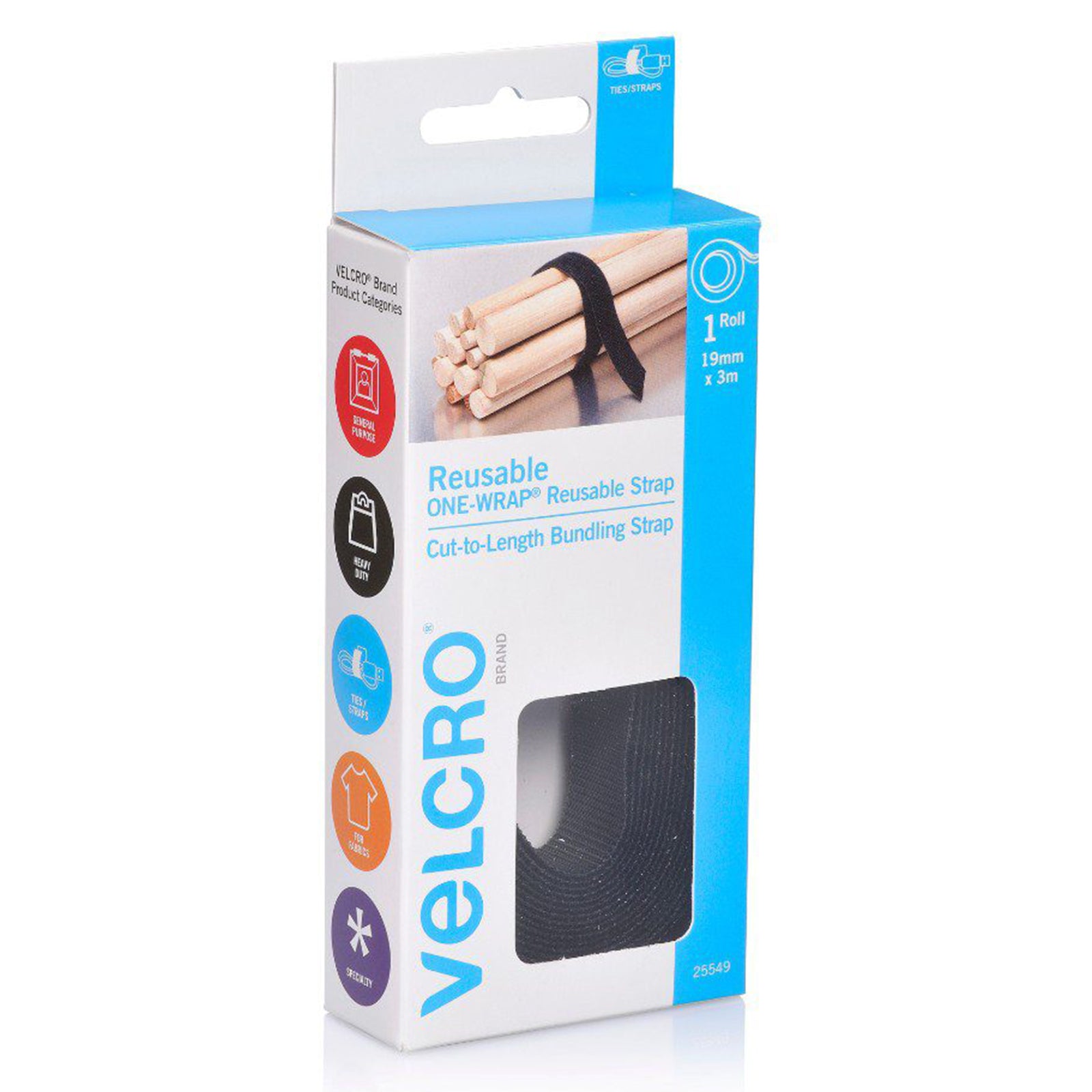 Angled retail packaging view of the reusable Velcro bundling wrap showing product branding, strap visibility and category icons. The image presents the compact boxed design suitable for home, office and workshop storage solutions.