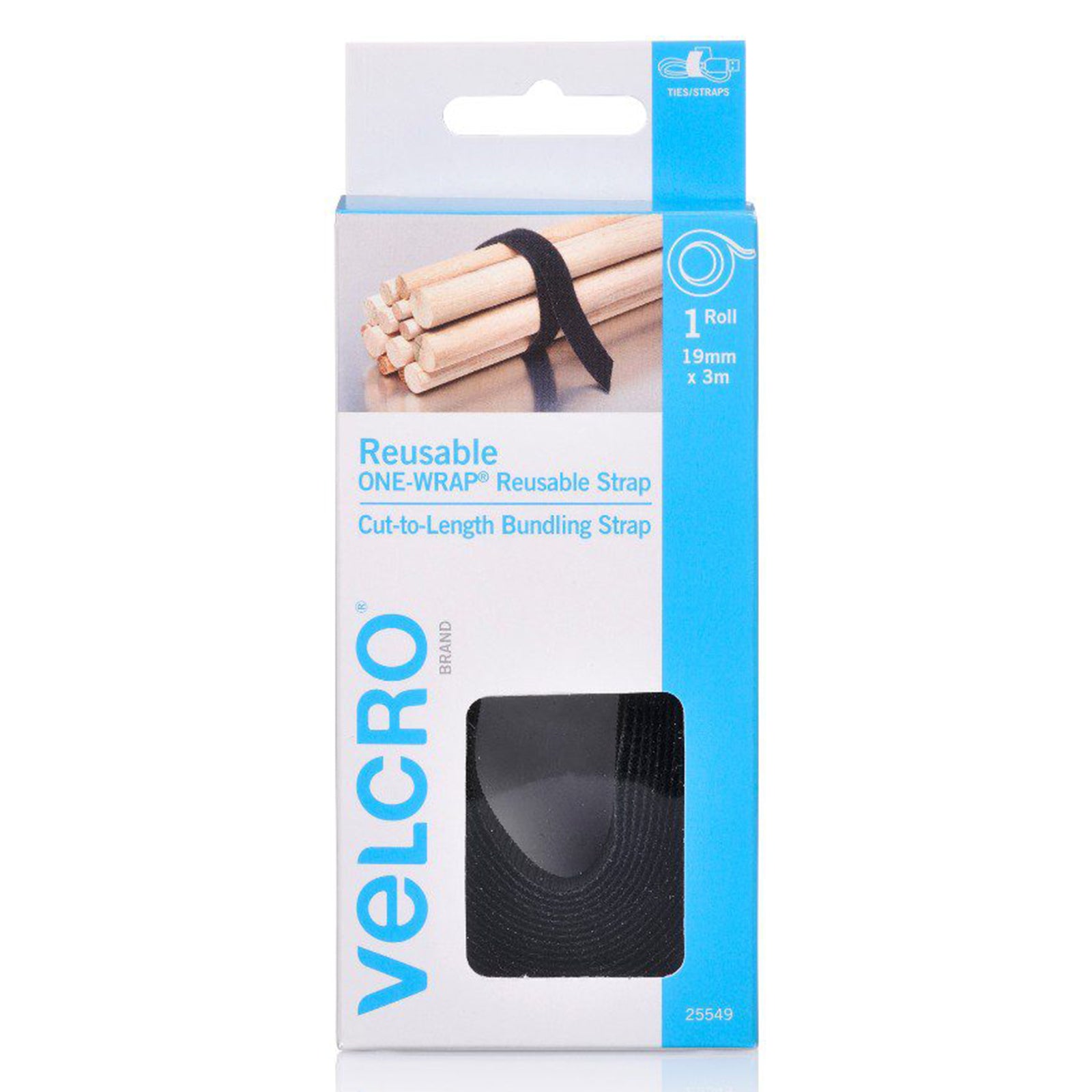 Front packaging of Velcro Brand One Wrap Reusable Strap 19mm x 3m Black with visible strap roll through display window. The packaging emphasises reusable cut to length bundling and cable management applications.